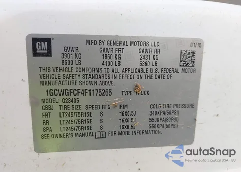 2015 Chevrolet Express 2500 Work Van z USA, uszkodzony, nr VIN 1GCWGFCF4F1175265